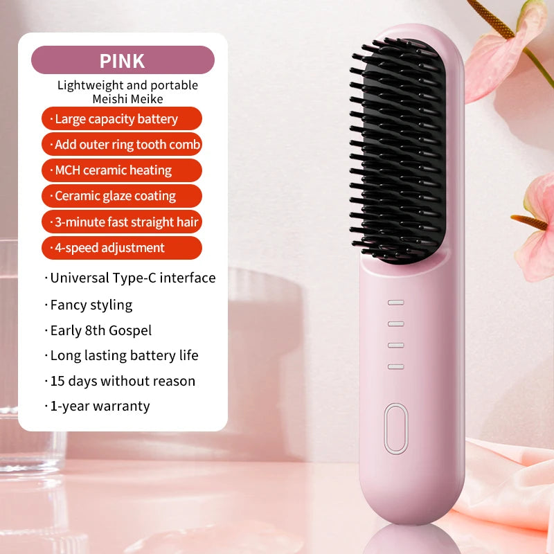 Fast Heating Cordless Hair Straightening Brush - Anti-Frizz Ionic Styling Comb
