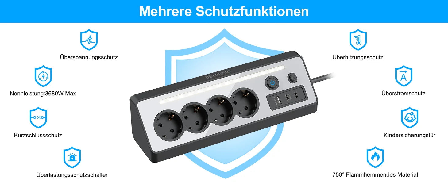 7-in-1 Wall Mount Power Strip with USB-C Fast Charging & LED Night Light - 10