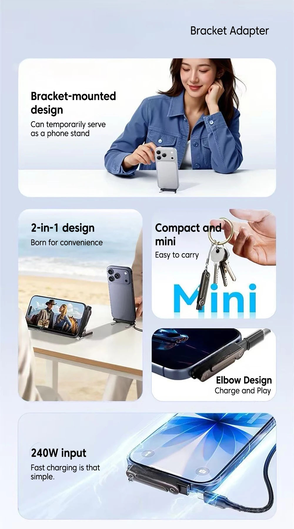 240W USB-C to USB-C Fast Charging Adapter with Built-in Phone Stand