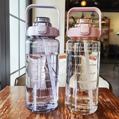 2L Large Motivational Water Bottle with Straw & Time Markers for Fitness