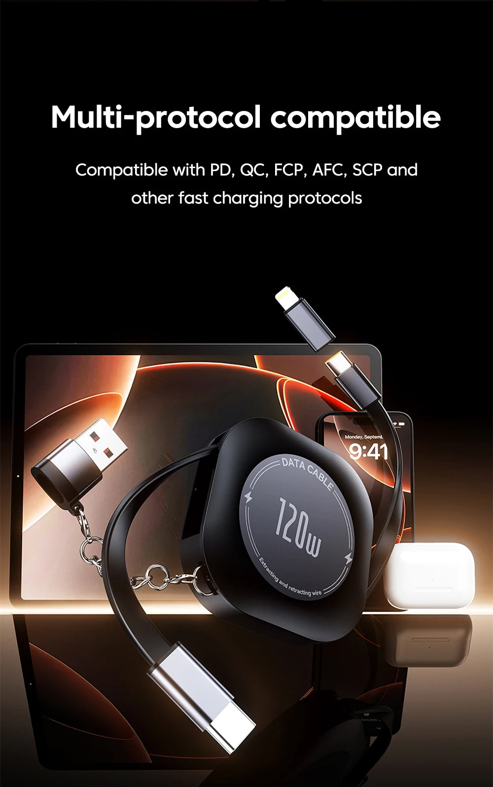 120W Retractable USB-C to USB-C Fast Charging Cable with Adapter