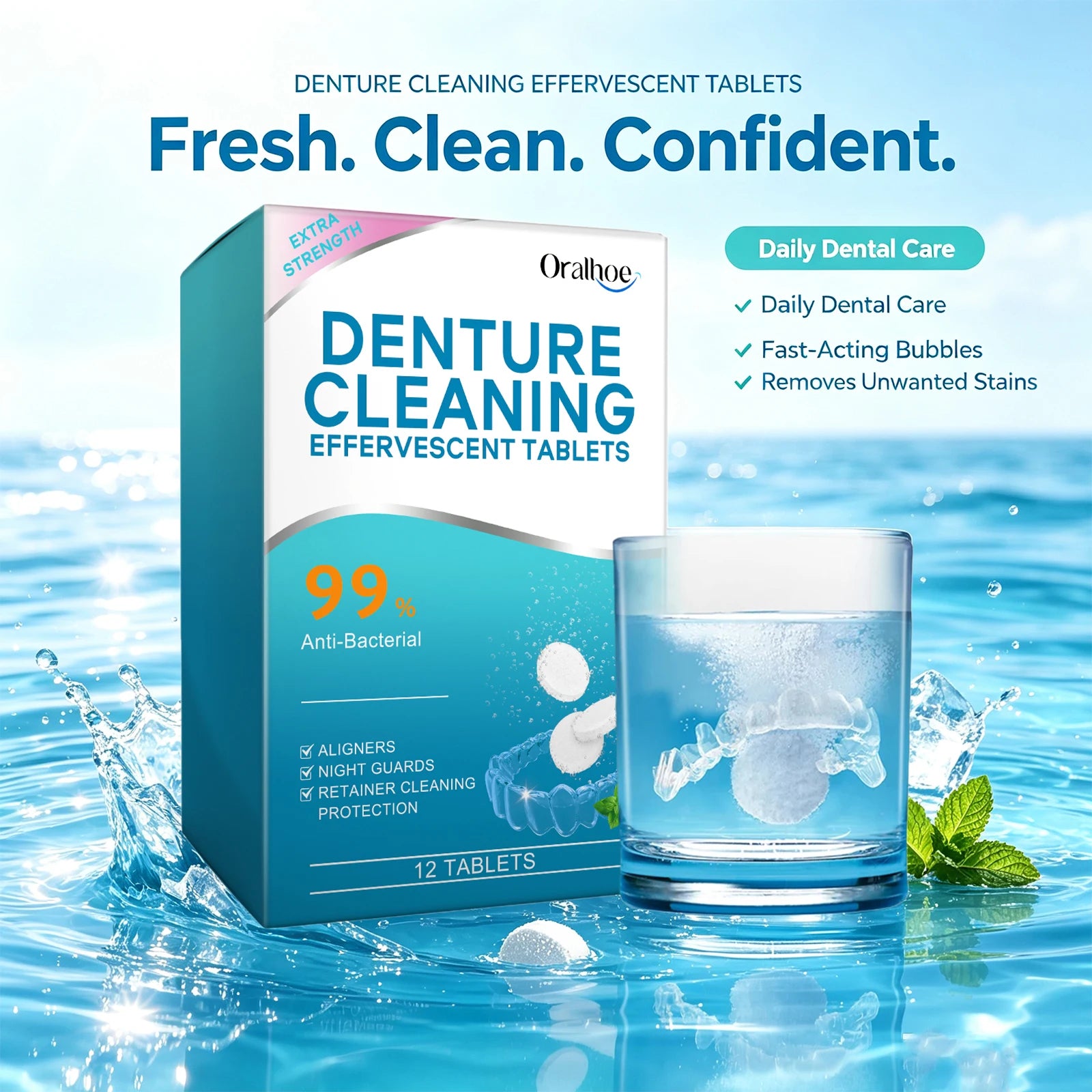 Denture Cleaning Effervescent Tablets - Antibacterial Retainer & Aligners Cleaner - 1