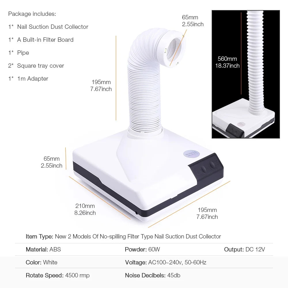 60W Nail Dust Collector Extractor Fan Vacuum with Retractable LED Tube for Manicure Salon - 18