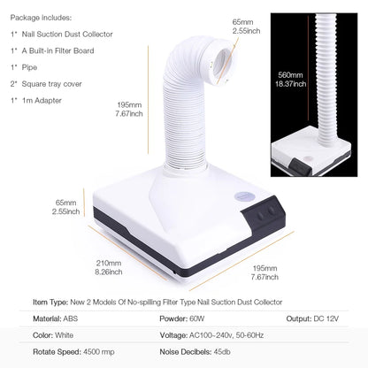 60W Nail Dust Collector Extractor Fan Vacuum with Retractable LED Tube for Manicure Salon
