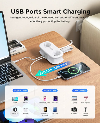 Compact 5-in-1 Travel Power Strip with PD 20W Fast Charging & USB-C