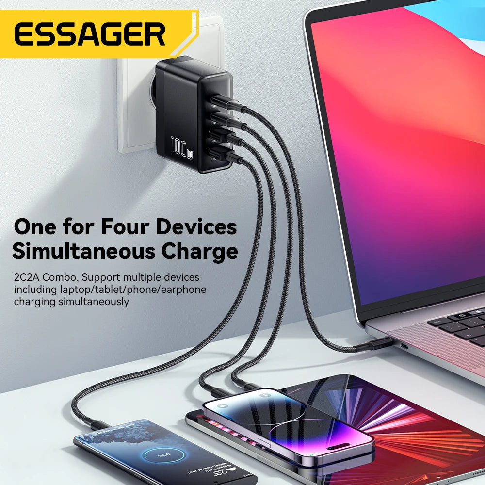 100W GaN Fast Charger - 4-Port USB-C Desktop Power Adapter for Laptop & Phone