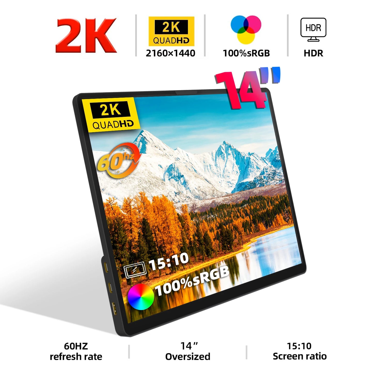 14" 2K Portable Monitor - 60Hz Ultra HD HDR Laptop Display Screen