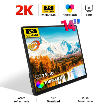 14" 2K Portable Monitor - 60Hz Ultra HD HDR Laptop Display Screen