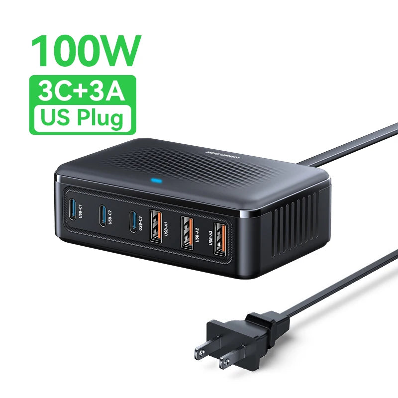 100W GaN 6-Port Desktop Fast Charger - Universal Multi-Device Charging Station - 32