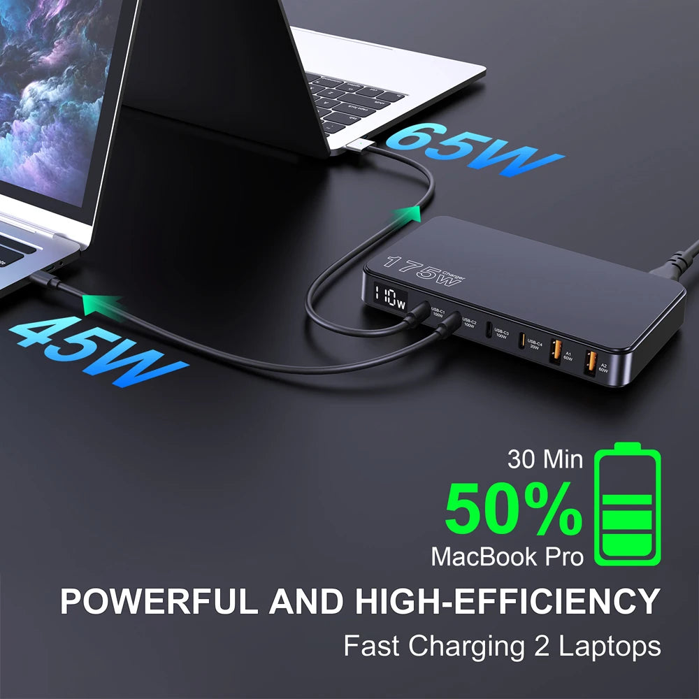 175W GaN USB-C Desktop Charger - 6-Port Fast Charging Station with LCD - 5