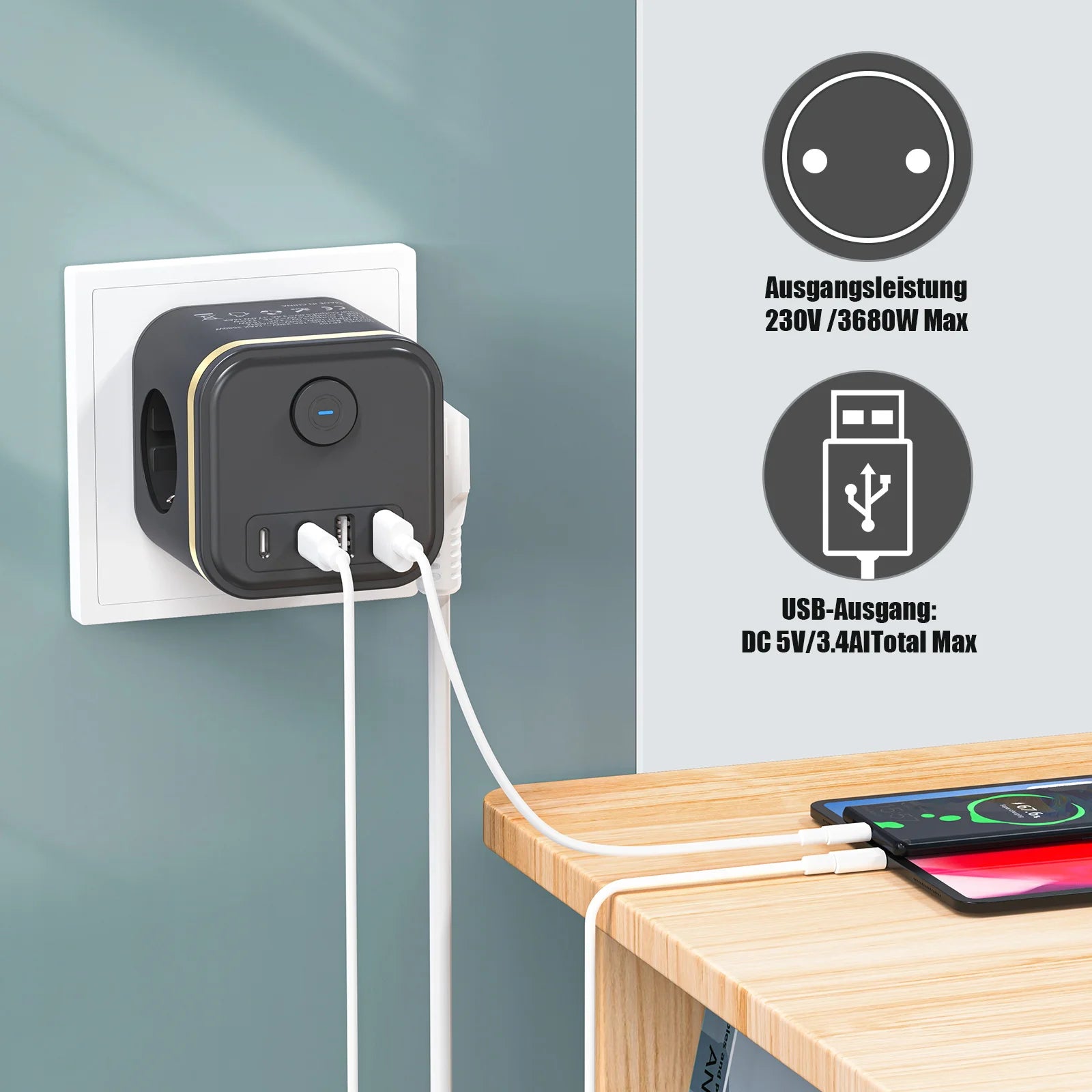 7-in-1 European Power Strip Cube with 4 USB/Type-C Fast Charging Ports - 6