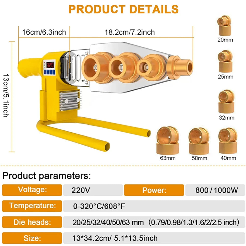 1000W/800W Plastic Pipe Welding Machine - 220V PPR PE PB Pipe Hot Melt Welder Kit - 3