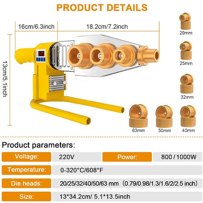 1000W/800W Plastic Pipe Welding Machine - 220V PPR PE PB Pipe Hot Melt Welder Kit