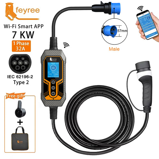 7KW Portable Type 2 EV Charger - Wi-Fi Smart APP & Adjustable Current