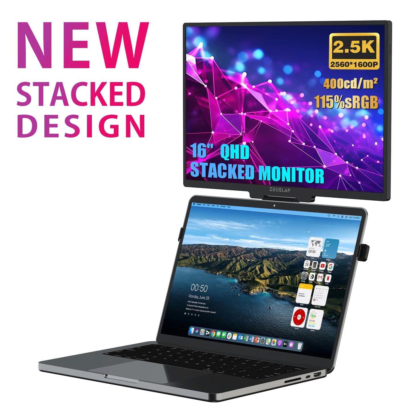 16" QHD Stackable Portable Monitor - Dual Screen Laptop Display 2560x1600