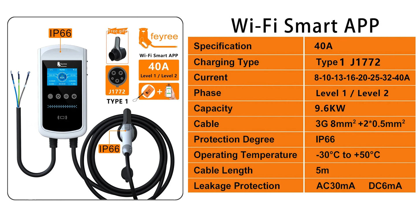 Smart EV Wallbox Charger - Type 1 Adjustable 32A-50A Station with Wi-Fi App