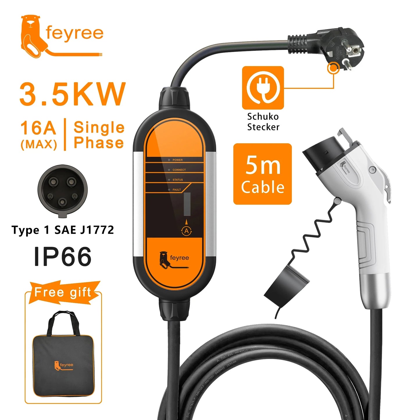 Portable 3.5KW Level 2 EV Charger - Type 2 Adjustable Charging Cable (5m)