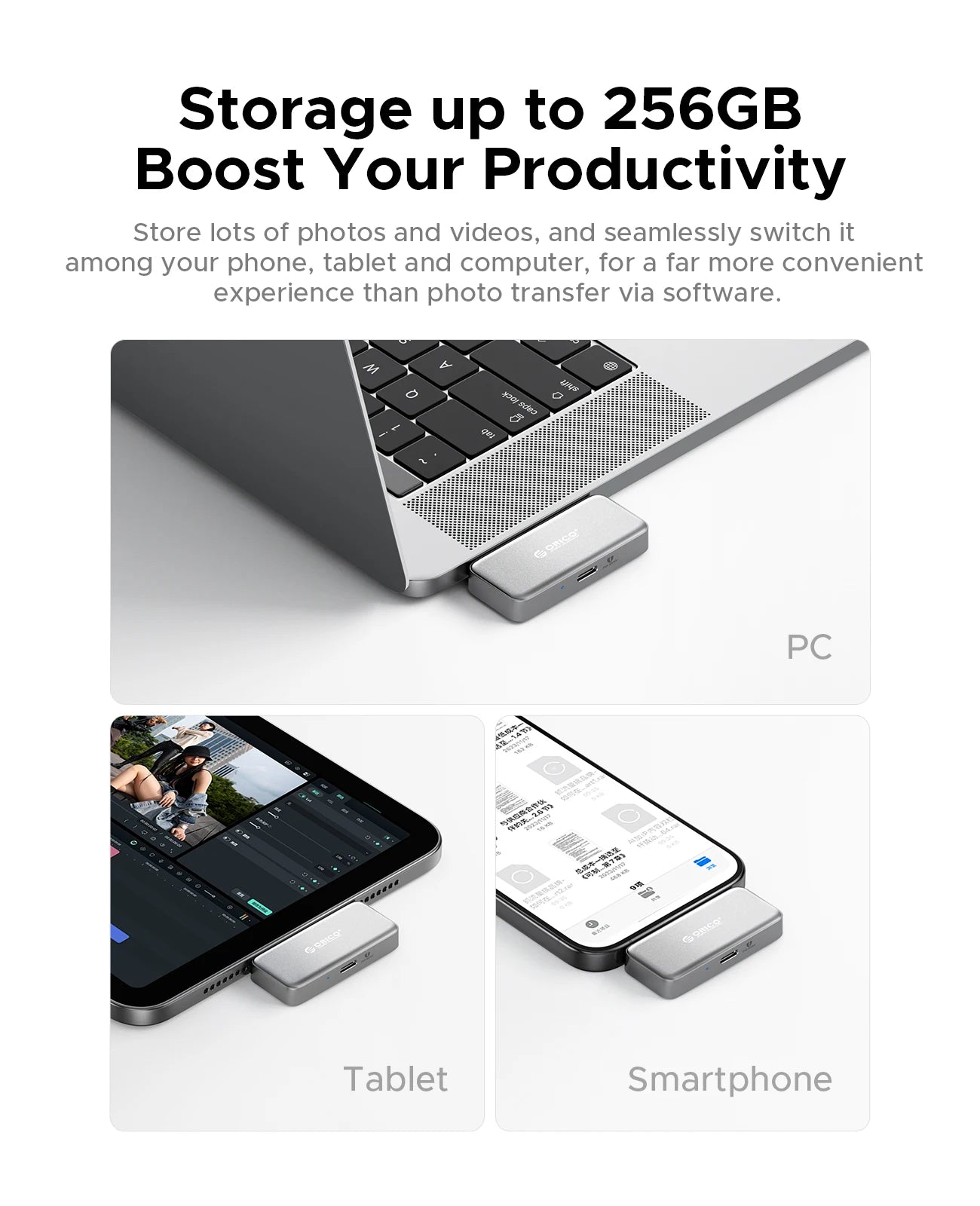 ORICO Mini Portable SSD 256GB - PD 100W Fast Charging for iPhone & Mac