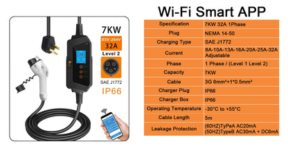 7KW Portable EV Charger Type 1 - Smart App & WiFi Control