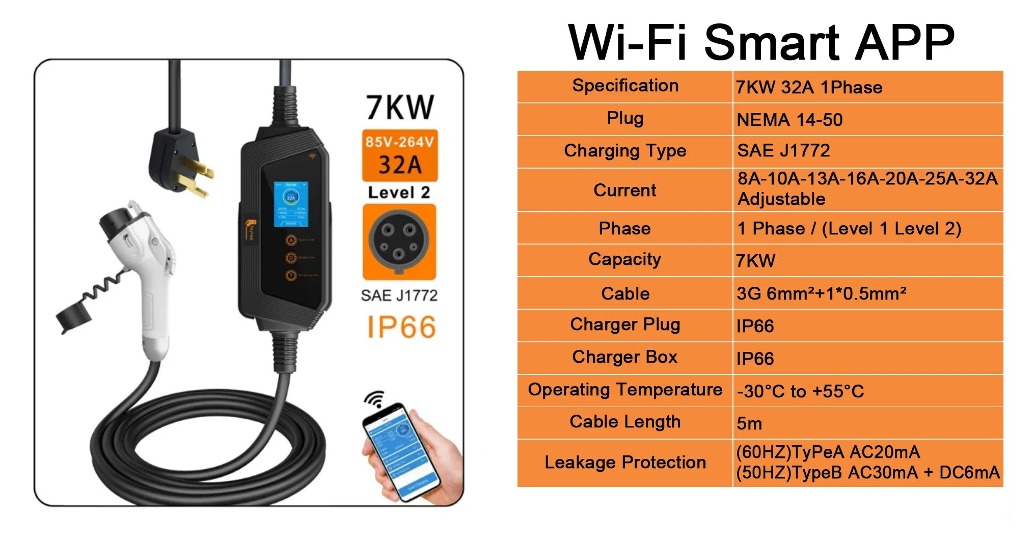 Portable J1772 EV Charger Level 2 - Smart WiFi App Control & Fast Charging - 6