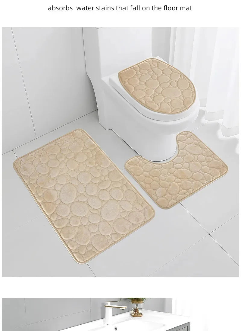3-Piece Cobblestone Bath Mat Set - Non-Slip & Absorbent