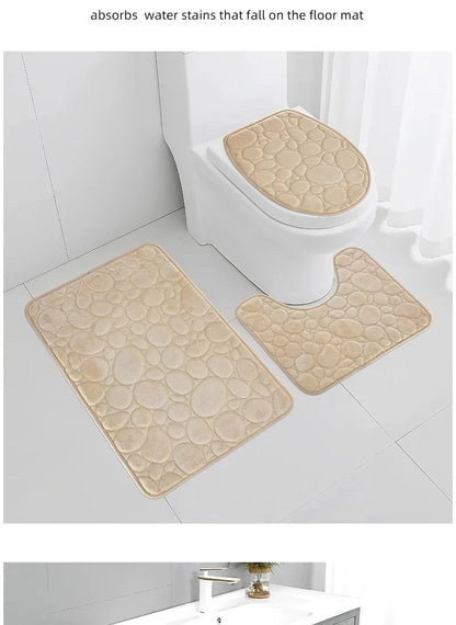 3-Piece Cobblestone Bath Mat Set - Non-Slip & Absorbent