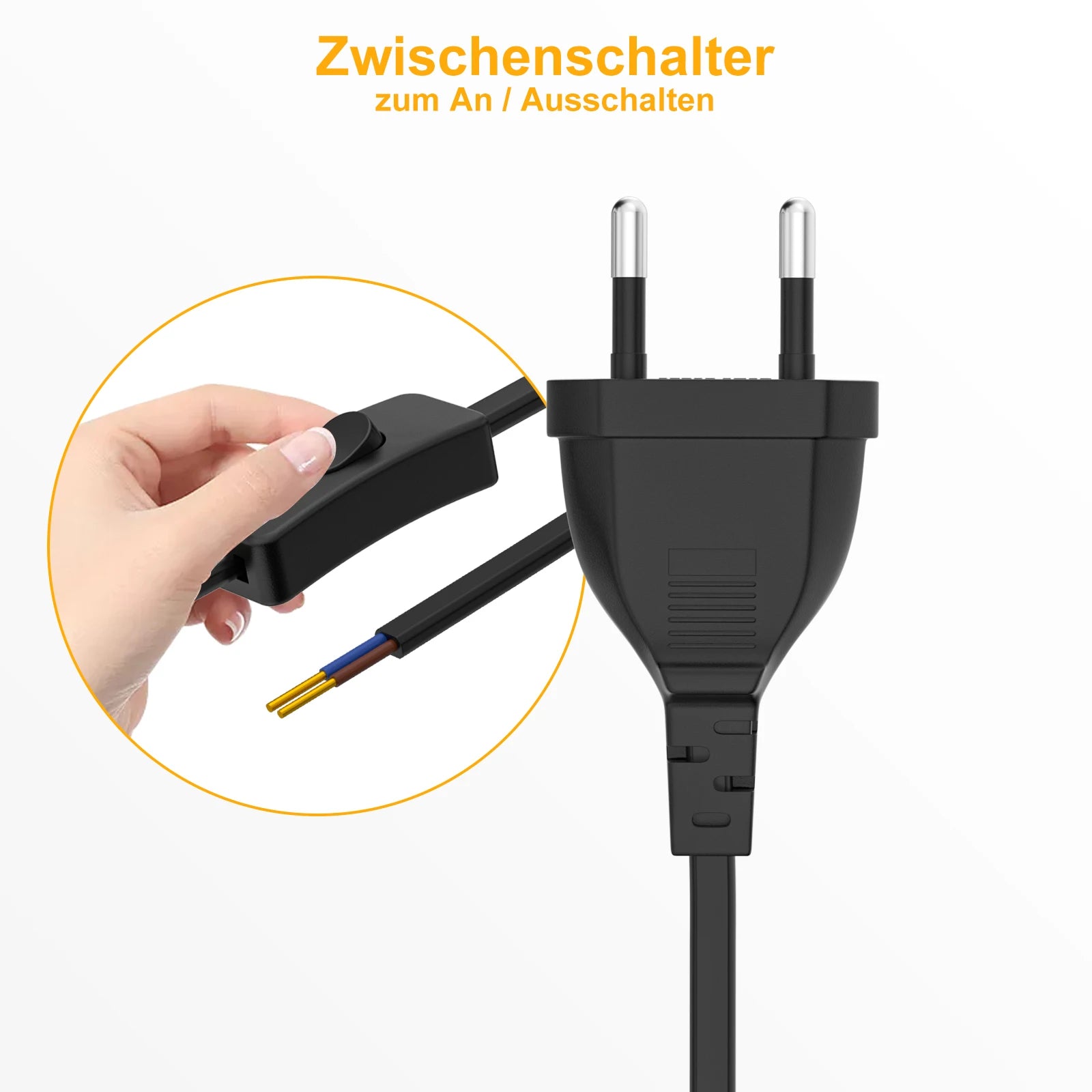 European Standard Power Cord with Switch - 2-Pin DIY Extension Cable - 3