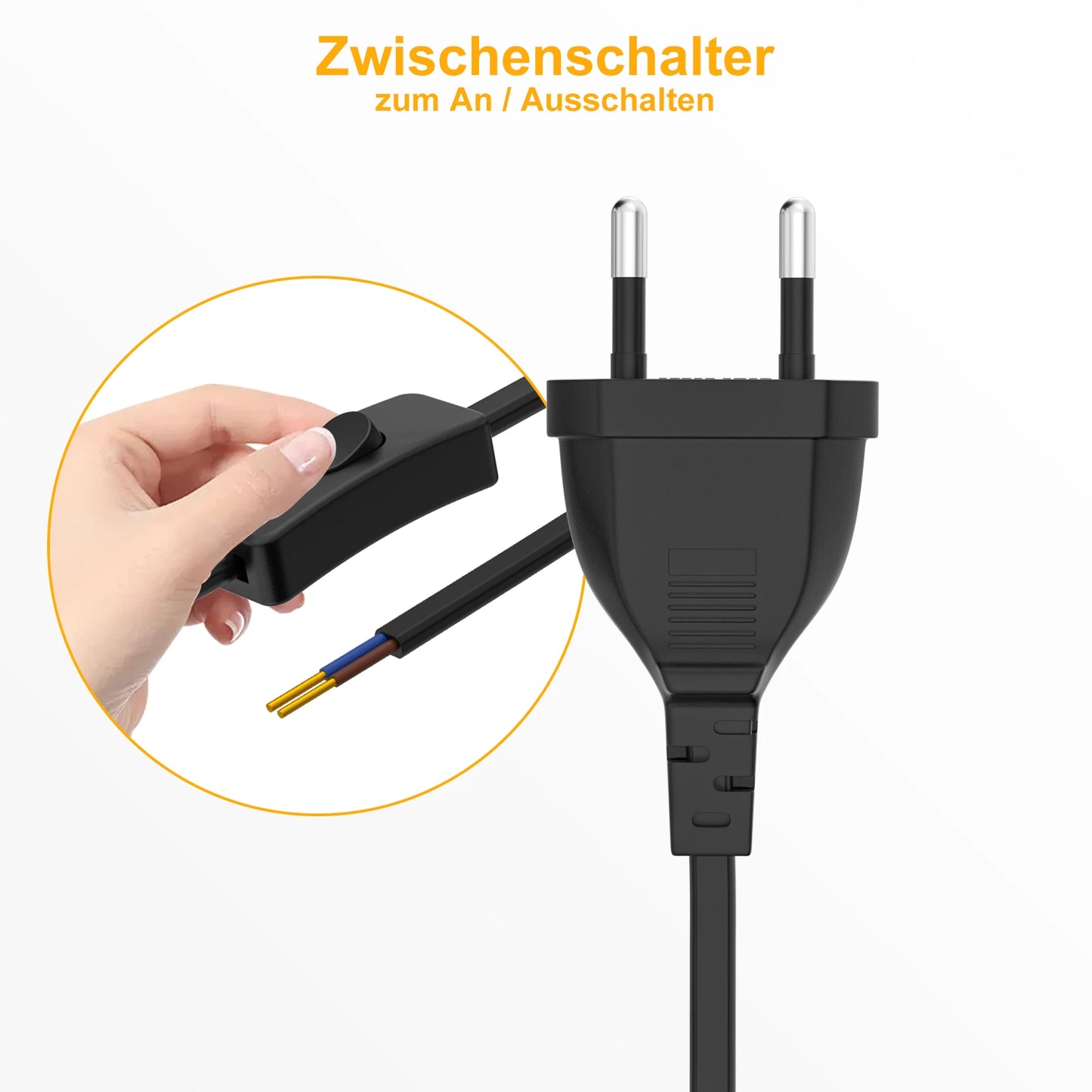 European Standard Power Cord with Switch - 2-Pin DIY Extension Cable