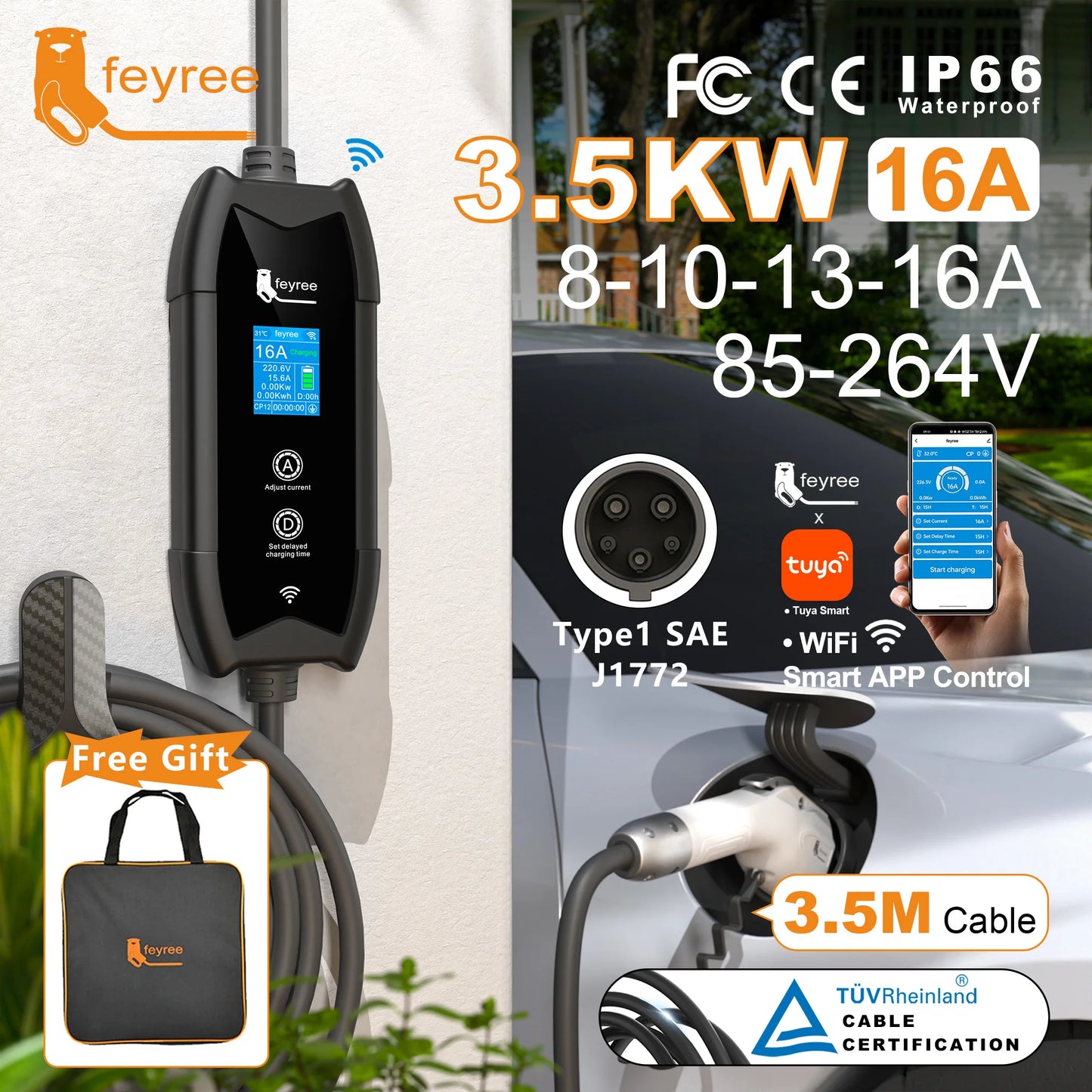 Portable Type 1 EV Charger - 16A 3.5kW Smart App Controlled Charging Cable