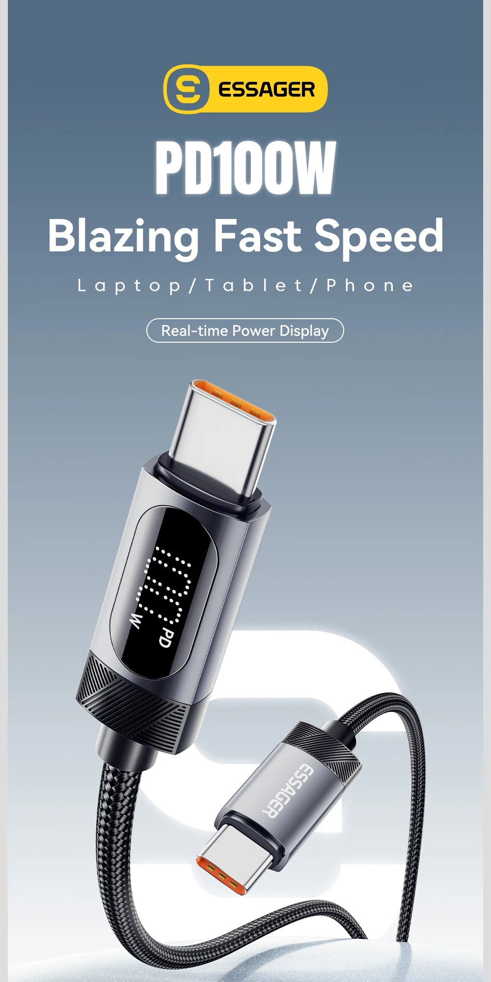 100W PD Fast Charging USB-C Cable with Digital Power Display - 8