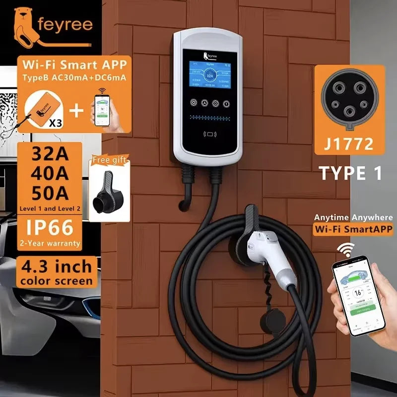 Smart EV Wallbox Charger - Type 1 Adjustable 32A-50A Station with Wi-Fi App - 1