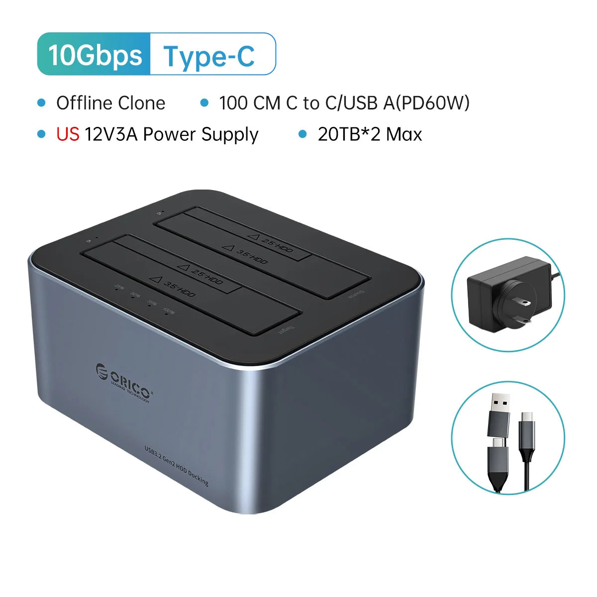 ORICO Dual-Bay Hard Drive Docking Station, 10Gbps Type-C for 2.5/3.5" HDD/SSD