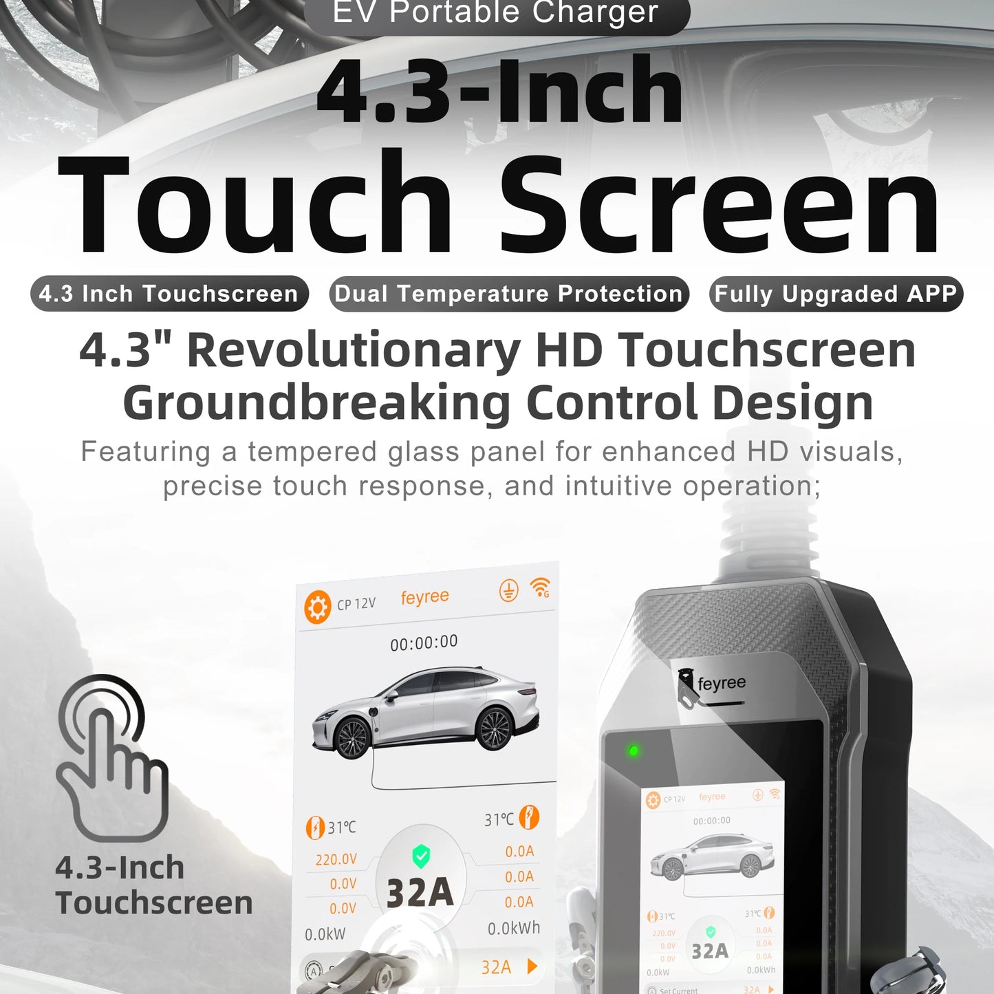 Portable 7kW EV Charger with 4.3" Touchscreen & Smart WiFi App Control