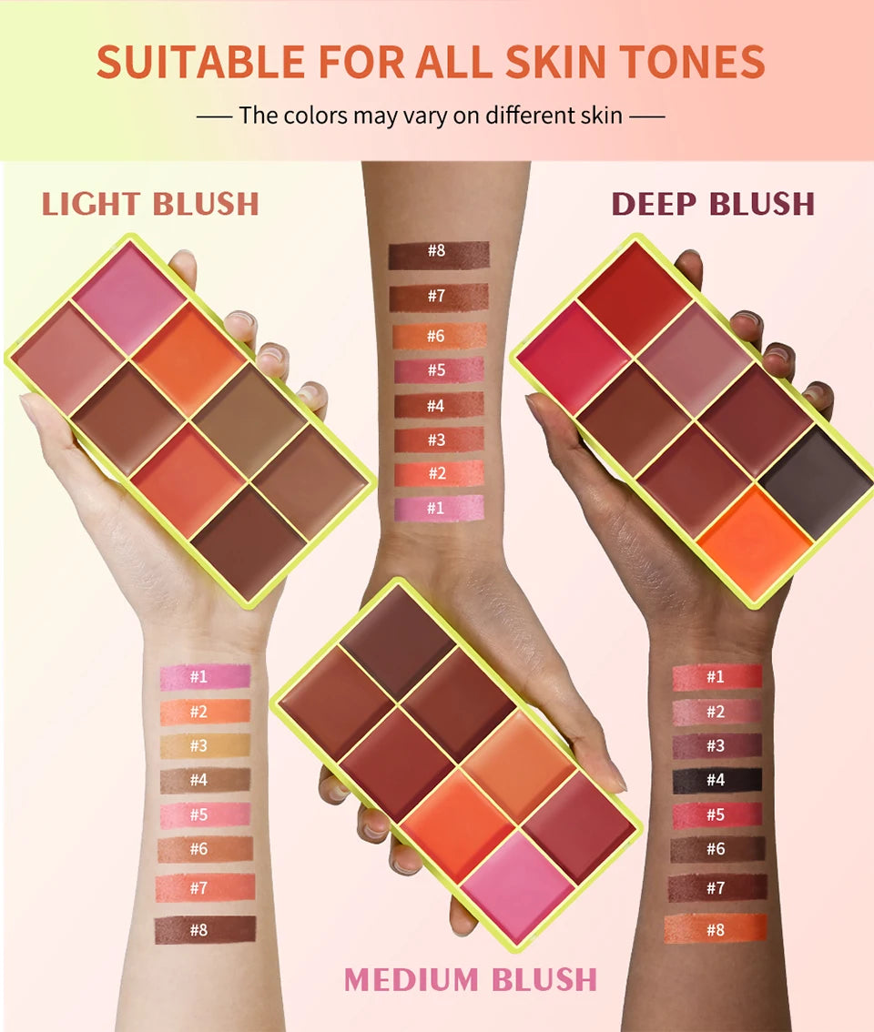 8-Color Cream Blush Palette - Long-Lasting Matte Face Makeup - 12