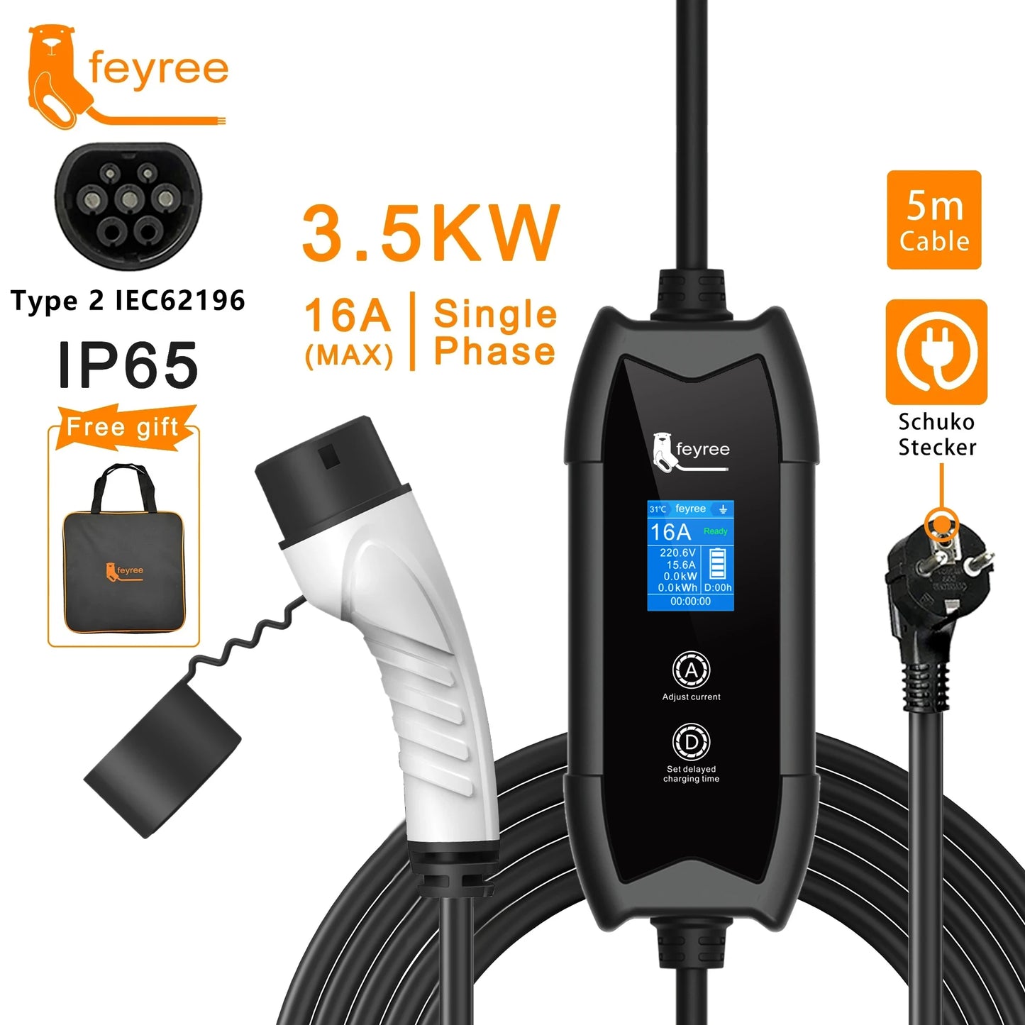 Portable 3.5KW EV Charger - 16A Adjustable Electric Vehicle Charging Cable