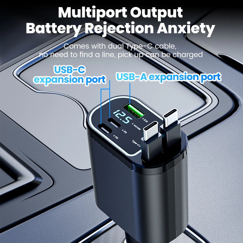 100W Retractable Fast Car Charger with USB & Type-C Digital Display
