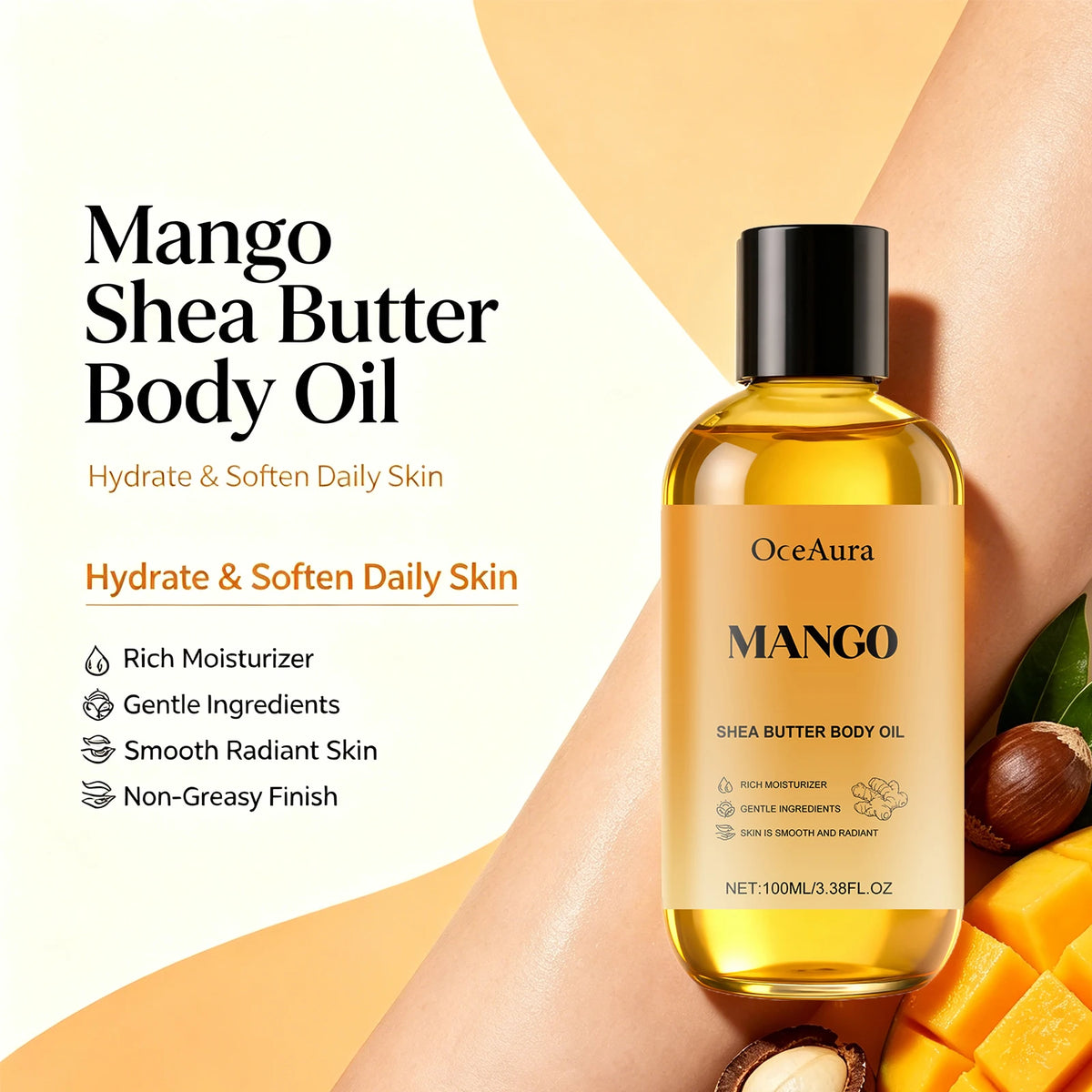 Mango Shea Butter Body Oil - Nourishing Moisturizer for Dry and Rough Skin
