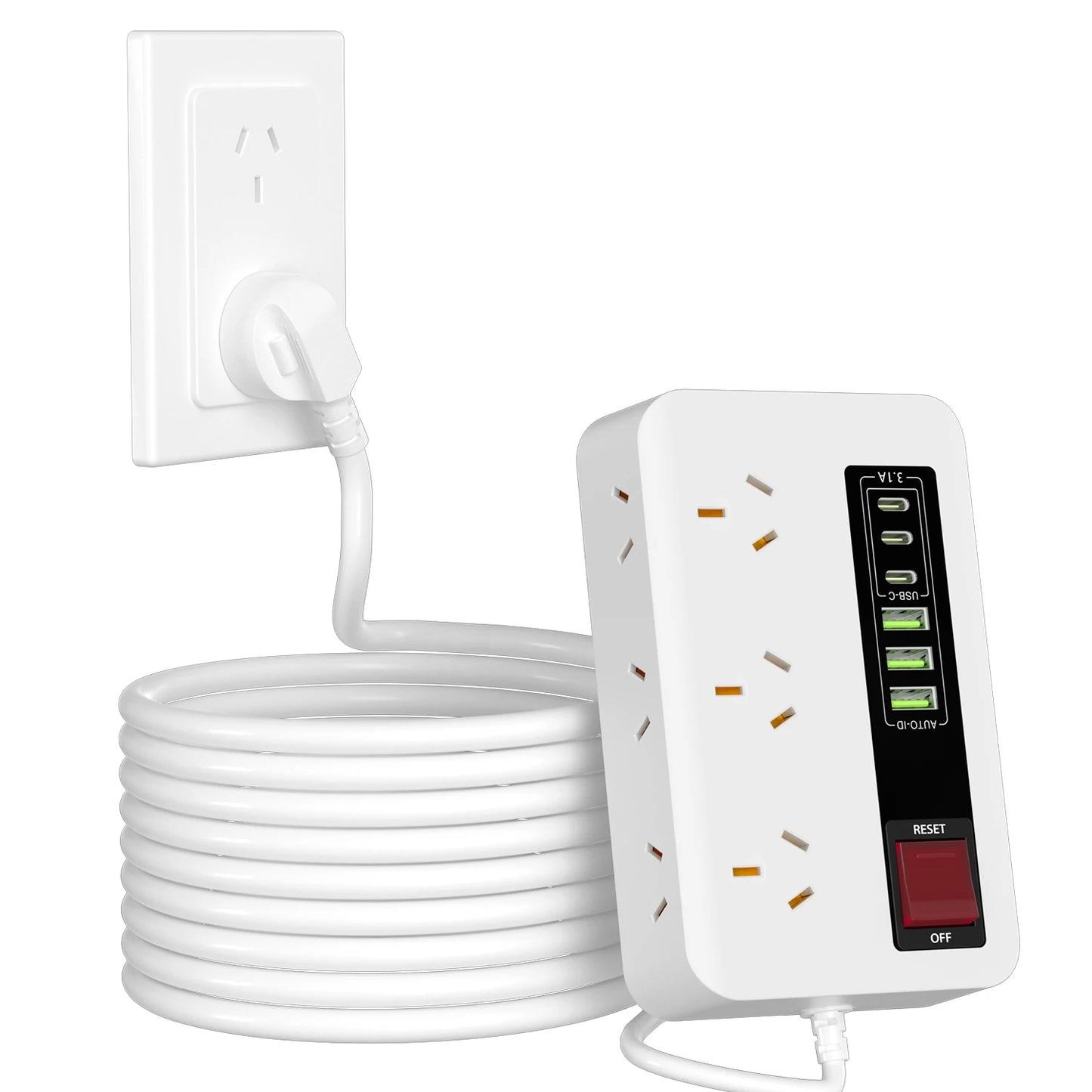 Australian Power Board: 12-Socket Extension Lead with 6 USB Fast Charger