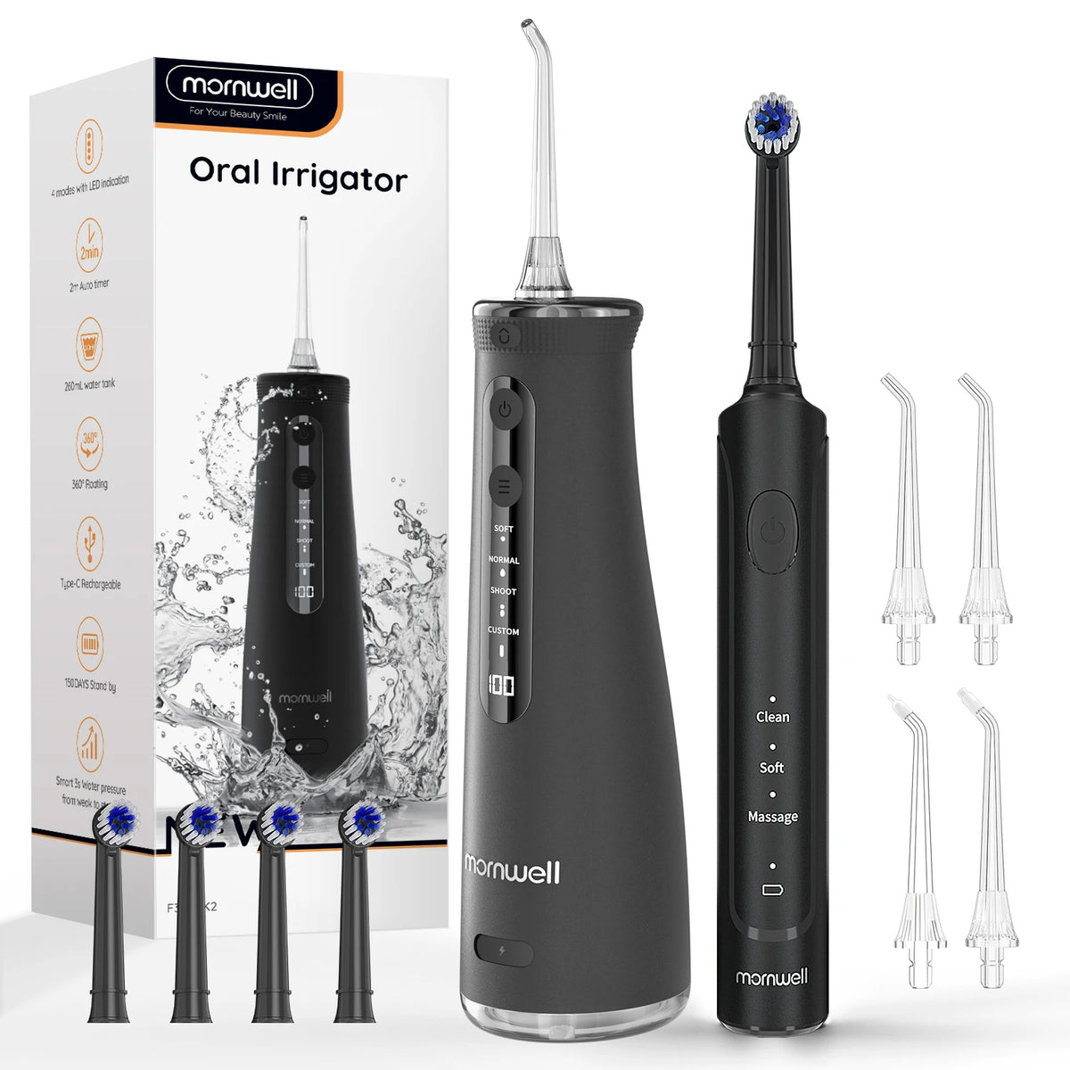 2-in-1 Electric Toothbrush and Water Flosser Combo with 4 Replaceable Heads
