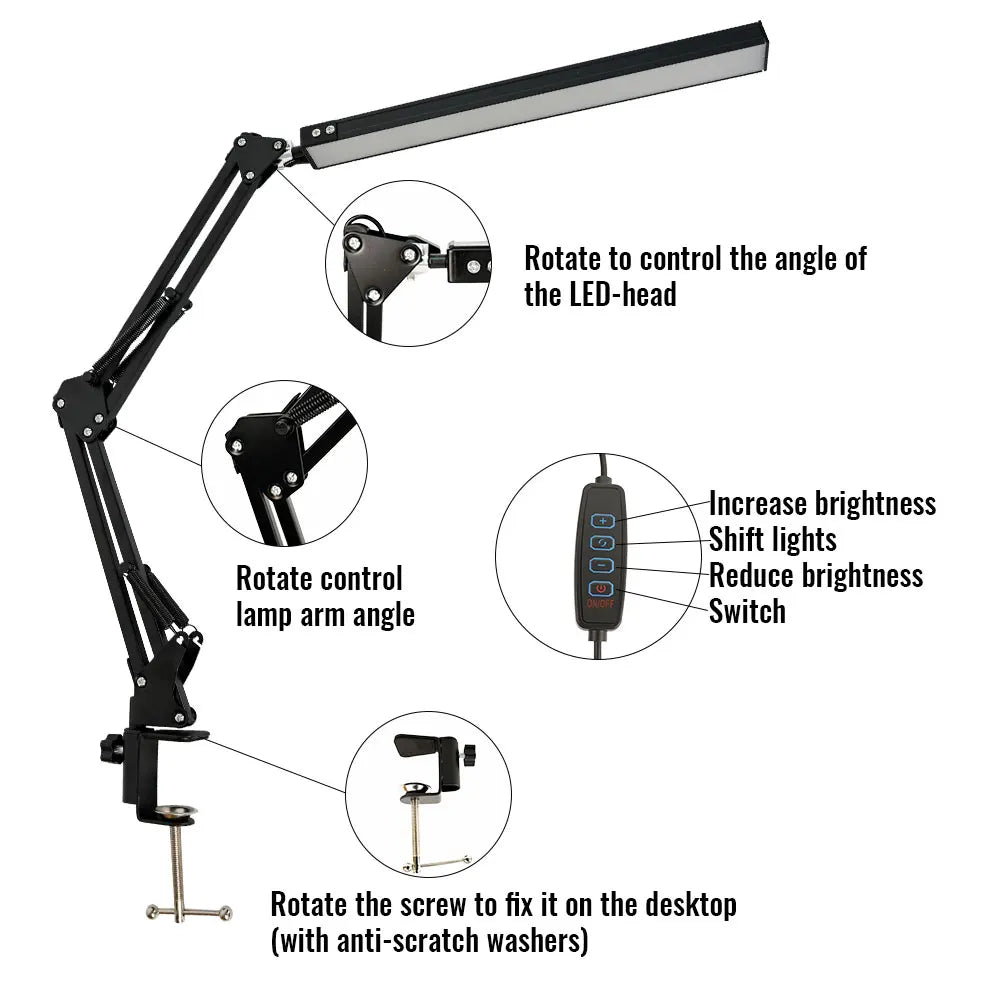 LED Swing Arm Desk Lamp with Clamp - 30 Dimmable Eye-Caring Lighting Modes