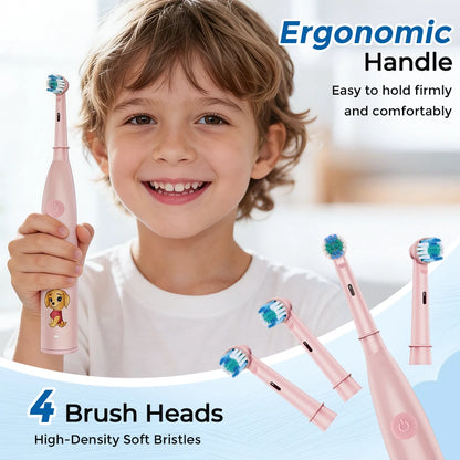 Kids Rechargeable Electric Toothbrush with 4 Replacement Heads & Timer