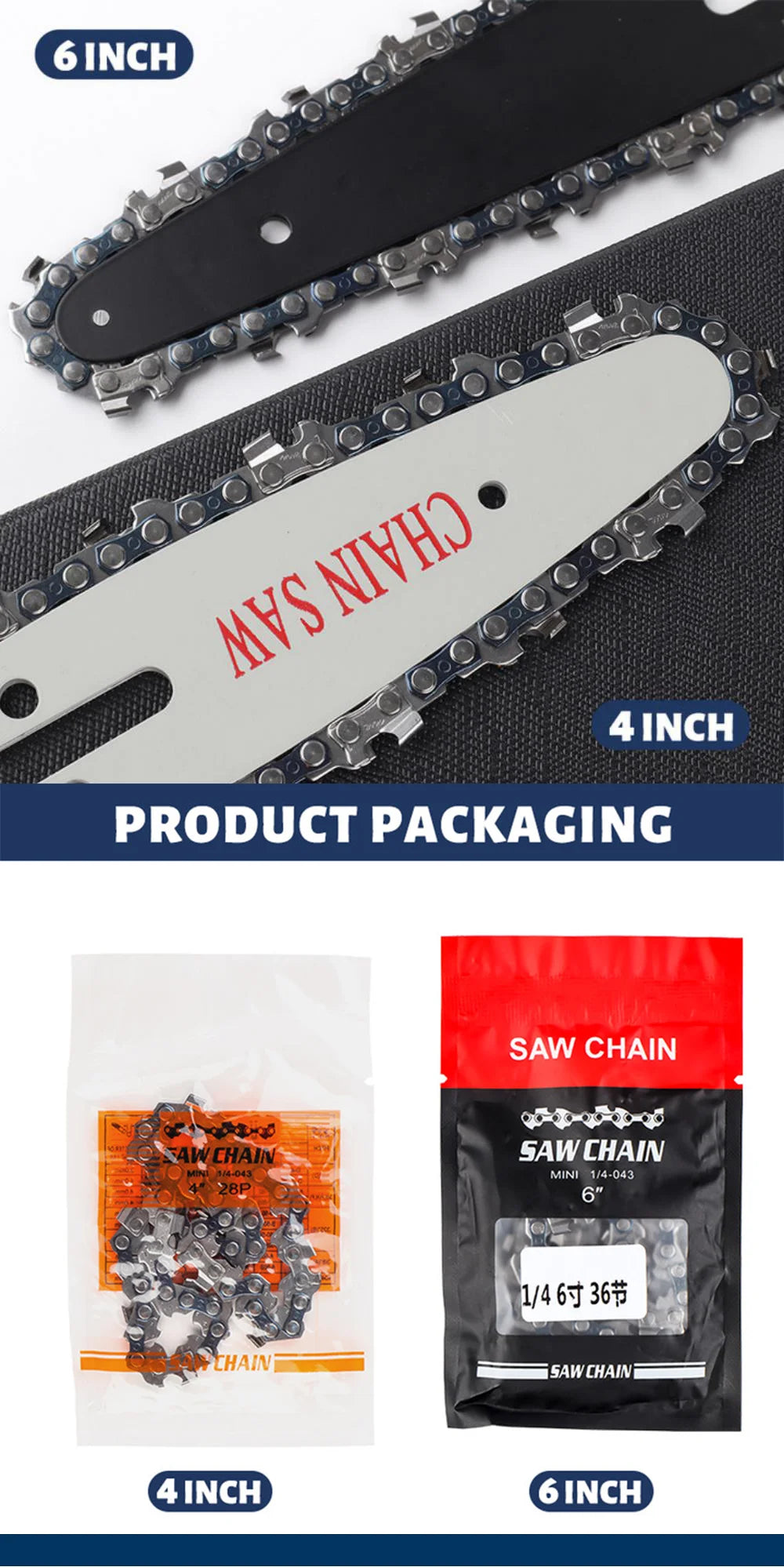 4 & 6-Inch Replacement Chains and Guide Bar Set for Mini Cordless Chainsaws