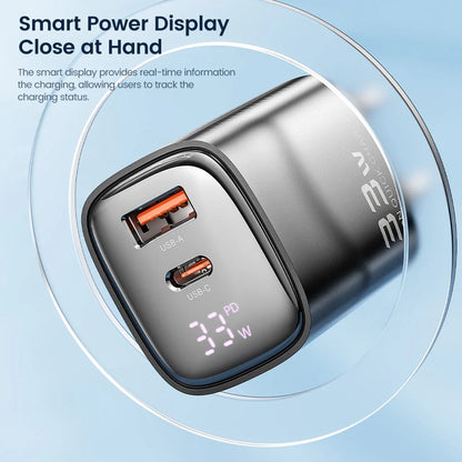 33W GaN Digital Display Fast Charger - USB-C & USB-A Dual Port Power Adapter