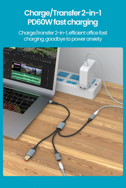 USB C Hub Splitter Adapter - 60W PD Fast Charging & Data Transfer Cable