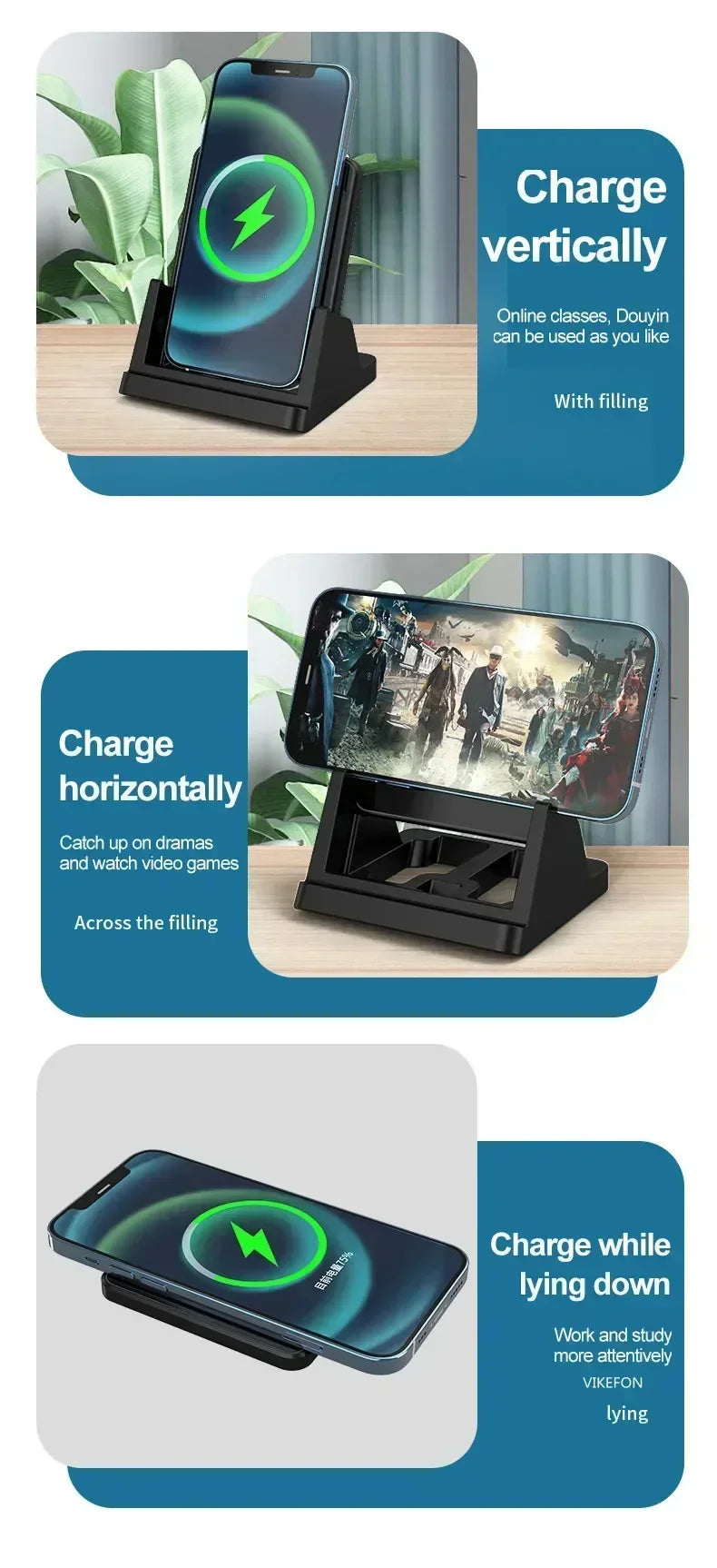 15W Fast Wireless Charging Stand - Vertical & Horizontal Phone Charger - 10