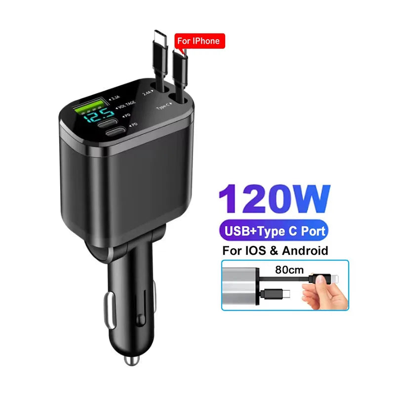 4-in-1 Retractable Car Charger - 120W Fast Charging with Voltage Display for iPhone & Samsung - 18