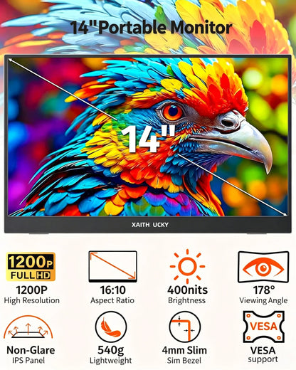 14" Portable IPS Touch Monitor - 1920x1200 HD Gaming & Laptop Expand Display