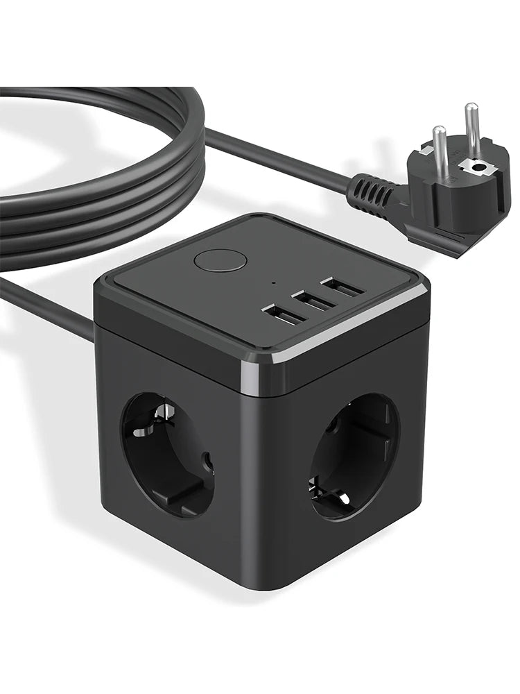 6-in-1 Cube Power Strip with 3 USB Ports & 2m Extension Cord - EU Plug