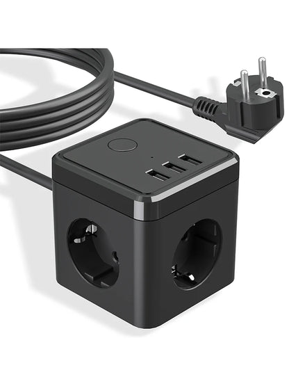 6-in-1 Cube Power Strip with 3 USB Ports & 2m Extension Cord - EU Plug