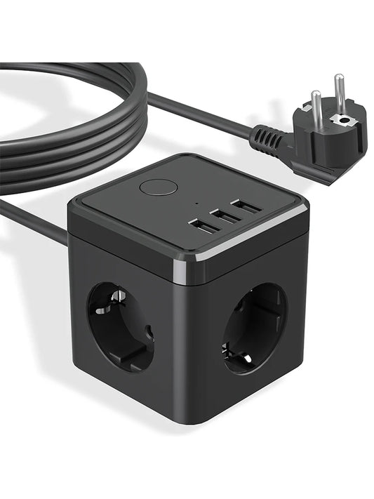 6-in-1 Cube Power Strip with 3 USB Ports & 2m Extension Cord - EU Plug